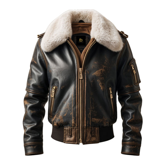 Distressed Brown Aviator Real Leather Jacket Men Shearling Collar Multiple Pockets Vintage Winter Style