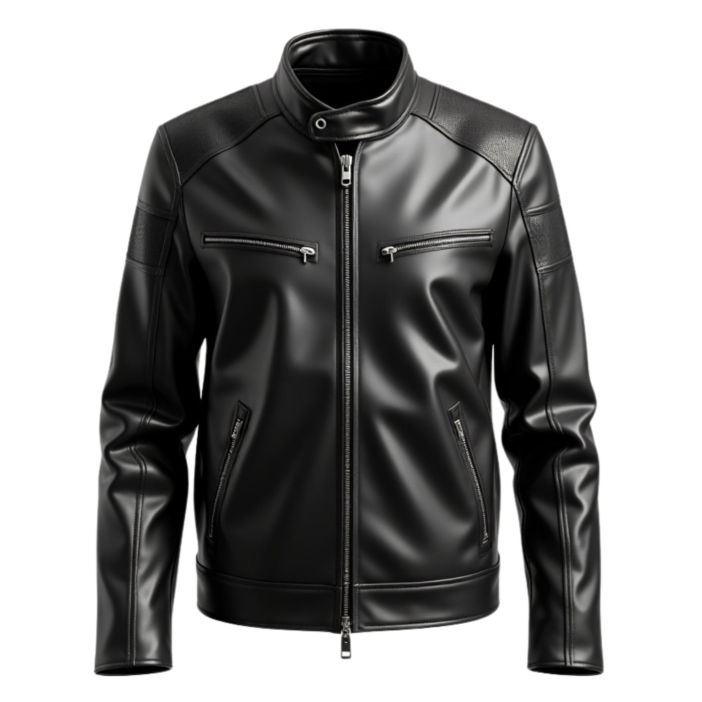 Men's Black Real Leather Biker Jacket: Stand Collar, Zipper Pockets, Rugged Style