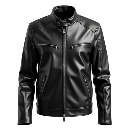 Men's Black Real Leather Biker Jacket: Stand Collar, Zipper Pockets, Rugged Style