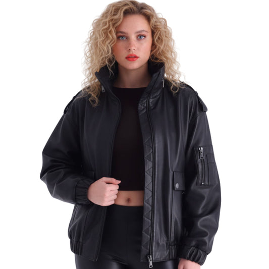 Black Leather Oversized Bomber Jacket: Quilted Utility Style Zip Pockets Elastic Hem