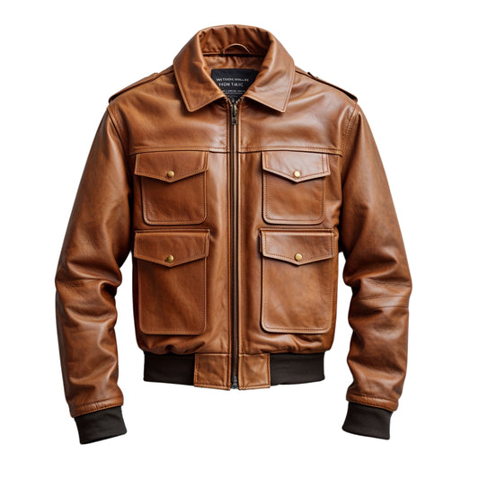 Men's Brown Leather Aviator Jacket with Four Flap Pockets – Rugged Style