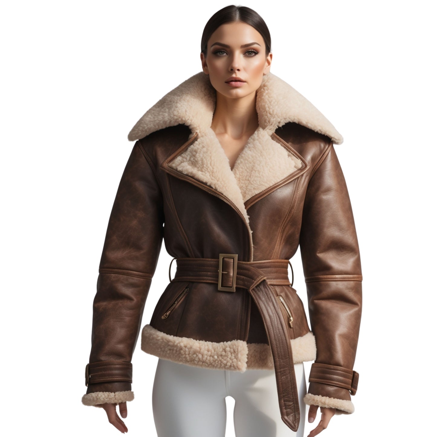 Women's Brown Leather Shearling Aviator Jacket: Belted Biker Coat