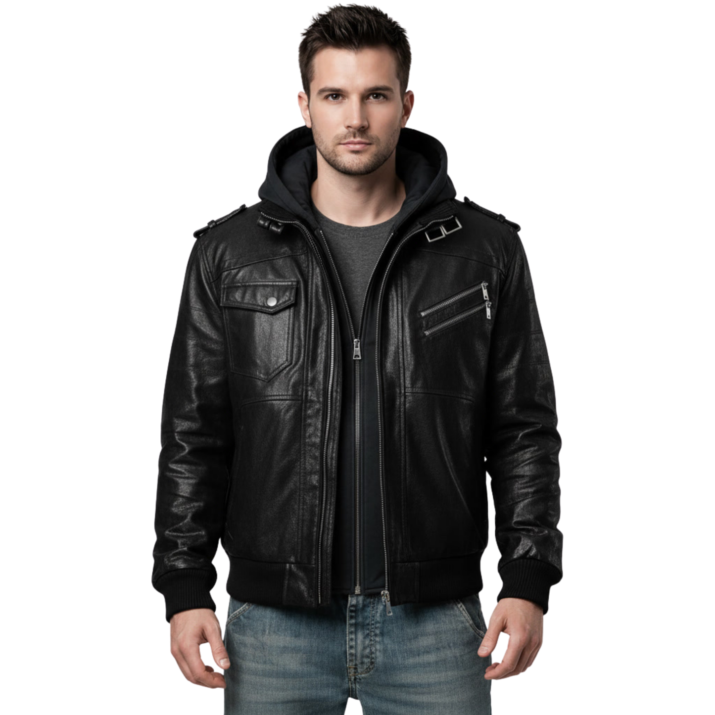 Mens Black Sheepskin Leather Bomber Jacket: Moto Biker with Removable Hood
