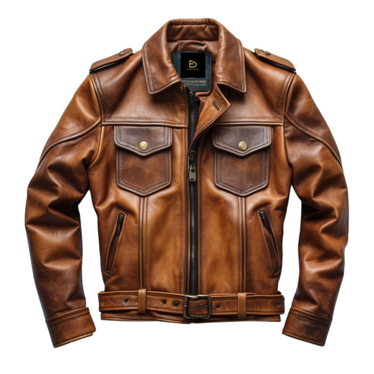Men Classic Brown Real Leather Jacket Shoulder Epaulettes Pockets Adjustable Belt Timeless Rugged Style