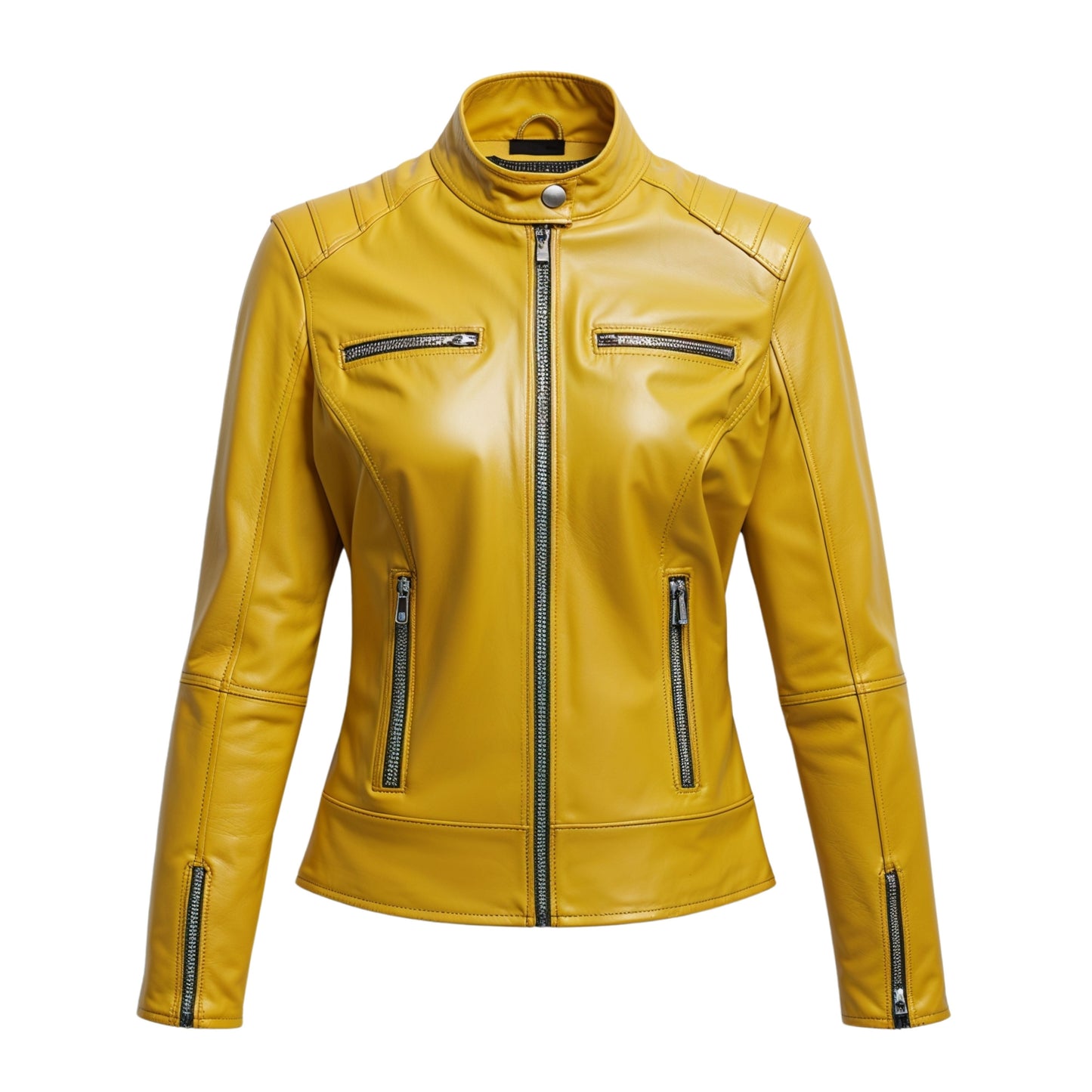 Yellow Real Leather Biker Jacket: Slim Fit, Stand Collar, Zip Front Fashion Outerwear