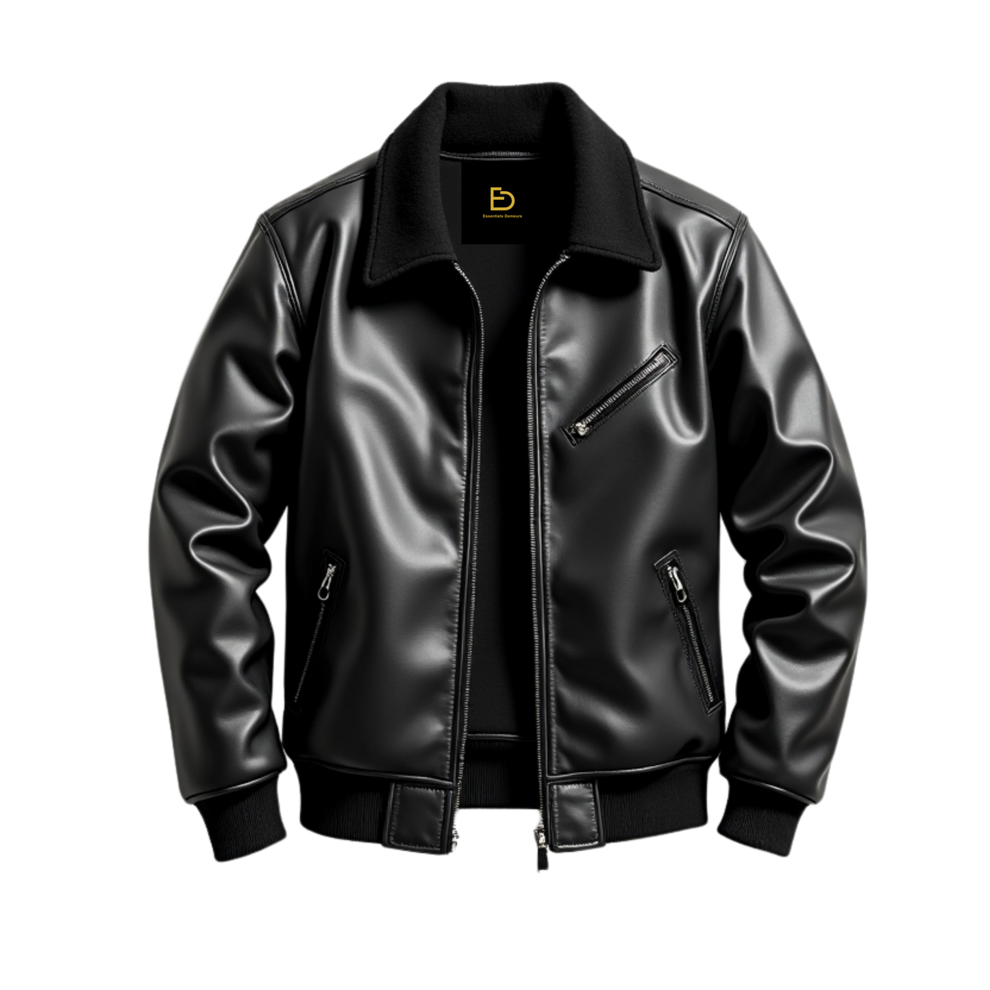 Classic Black Leather Bomber Jacket with Wool Collar, Zipper Pockets, Ribbed Cuffs