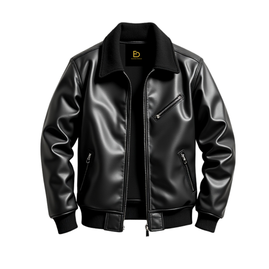 Classic Black Leather Bomber Jacket with Wool Collar, Zipper Pockets, Ribbed Cuffs