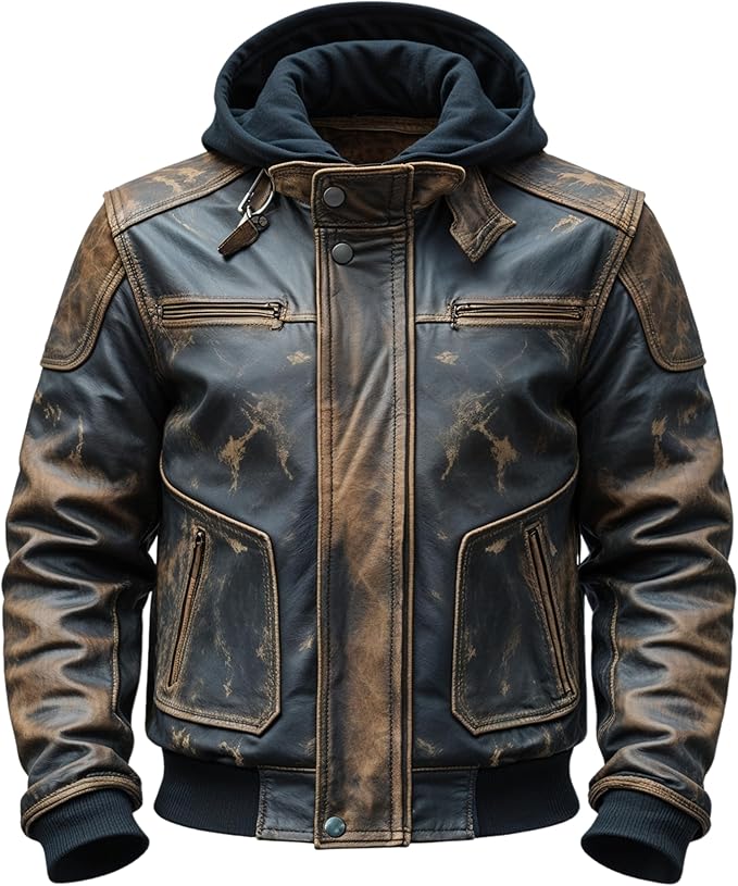 Vintage Distressed Brown Blue Leather Bomber Jacket Hood Rib Knit Cuffs Classic Biker Style Outerwear