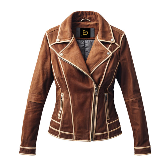 Women's Camel Brown Leather Moto Jacket with Contrast Piping – Asymmetrical Biker Style