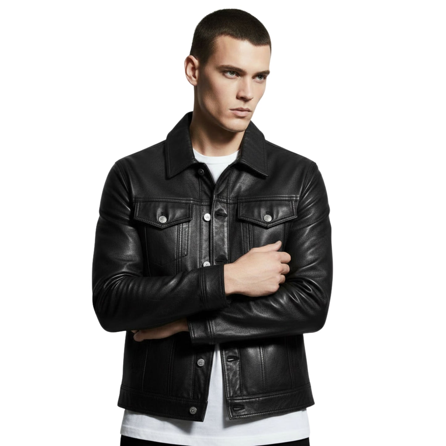Men's Black Leather Trucker Jacket: Western Style, Slim Fit Snap-Button Coat