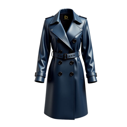 Navy Blue Leather Trench Coat Women Double Breasted Belted Overcoat