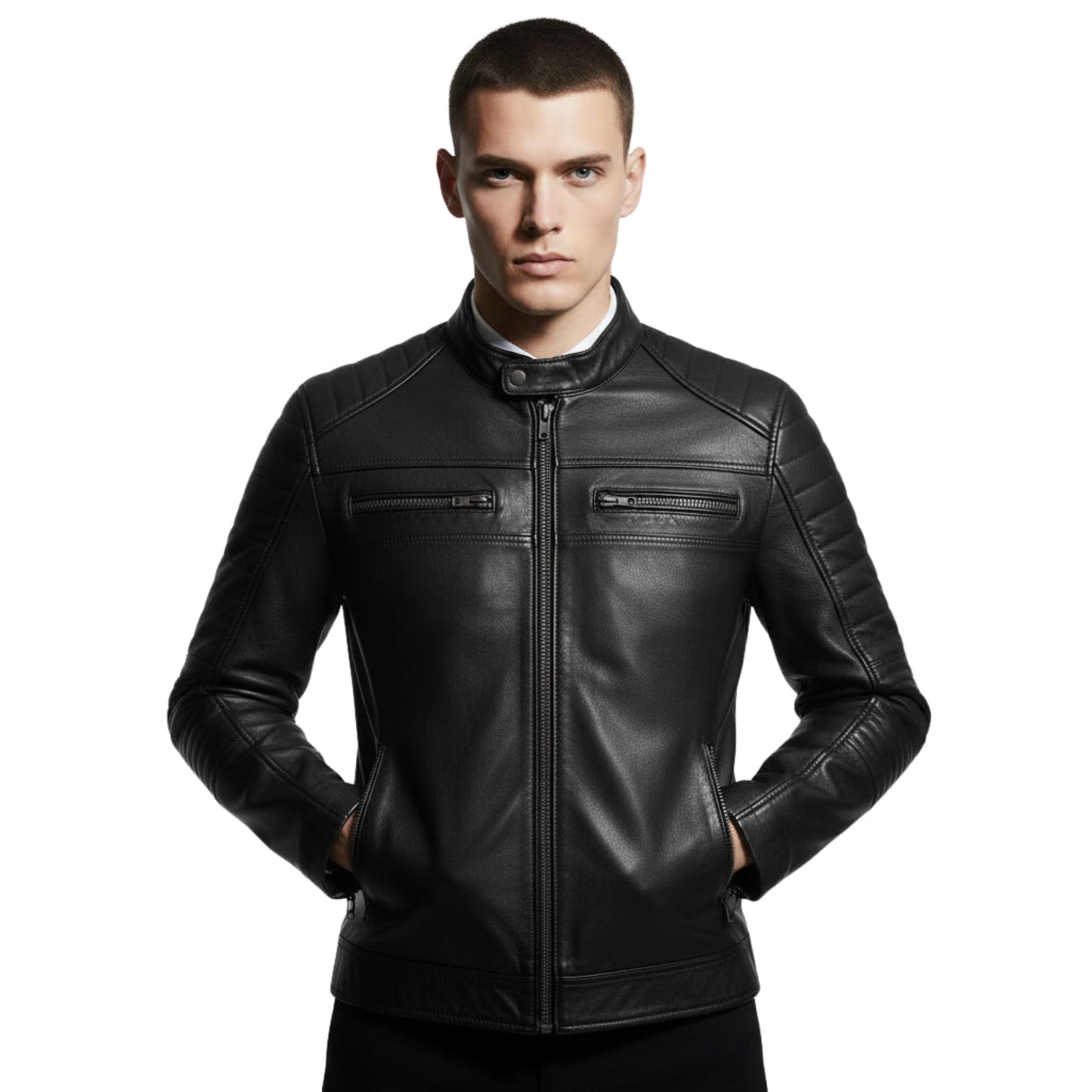 Men's Black Leather Slim Fit Moto Biker Jacket with Quilted Shoulders