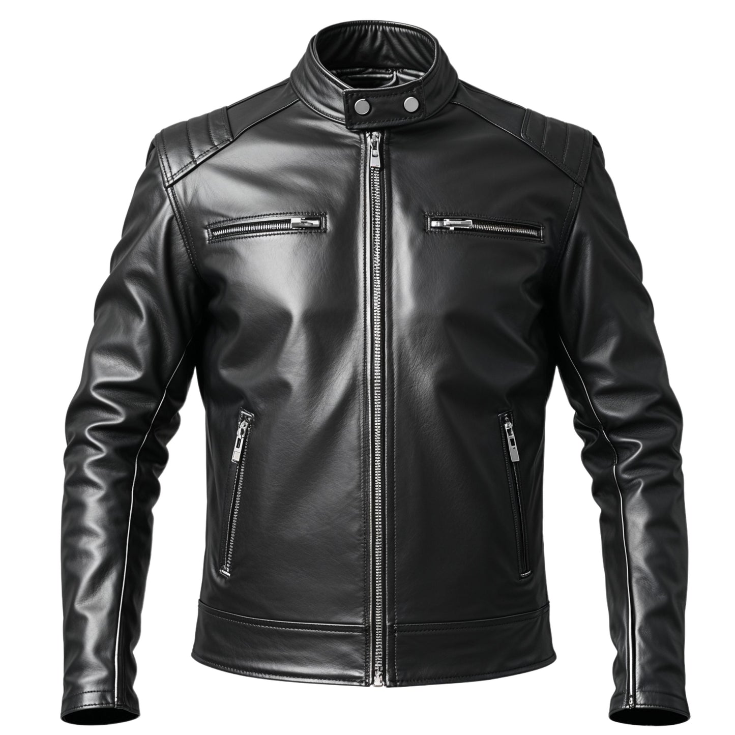 Men's Black Real Leather Jacket with Shoulder Detailing – Biker Style Zip-Up