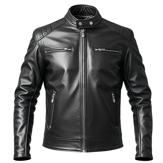 Men's Black Real Leather Jacket with Shoulder Detailing – Biker Style Zip-Up