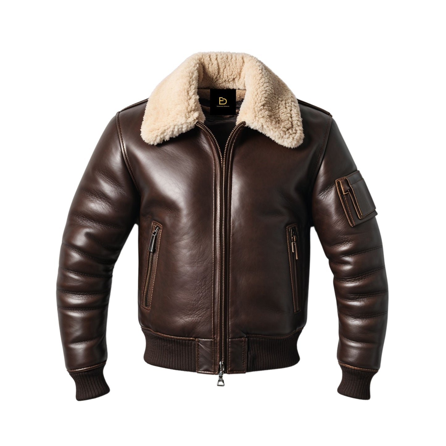 Men's Aviator Leather Bomber Jacket with Shearling Collar, Zip Pockets, Winter Warmth