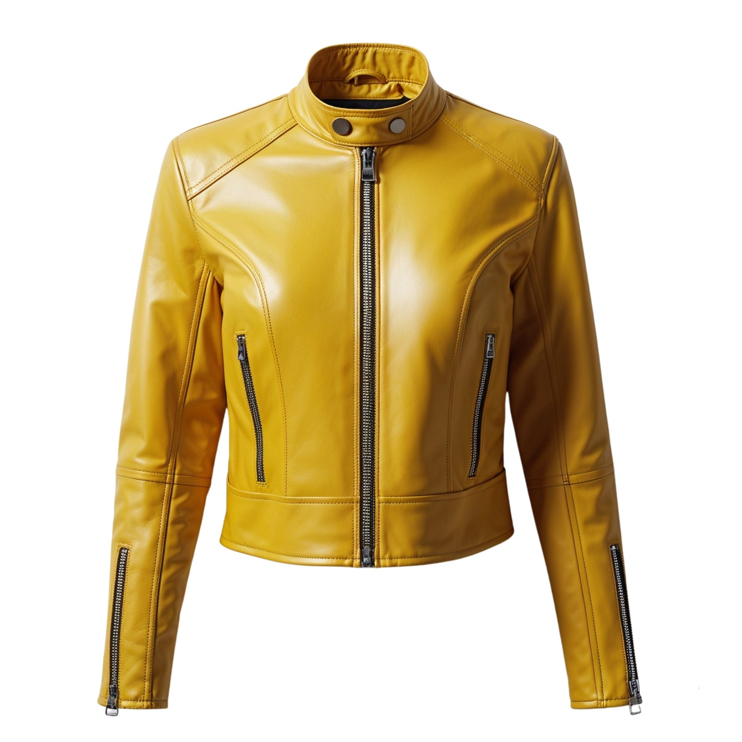 Yellow Leather Cropped Moto Jacket: Slim Fit Biker Style Stand Collar