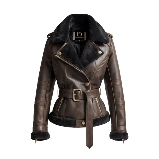 Women's Dark Brown Leather Shearling Biker Jacket with Belt