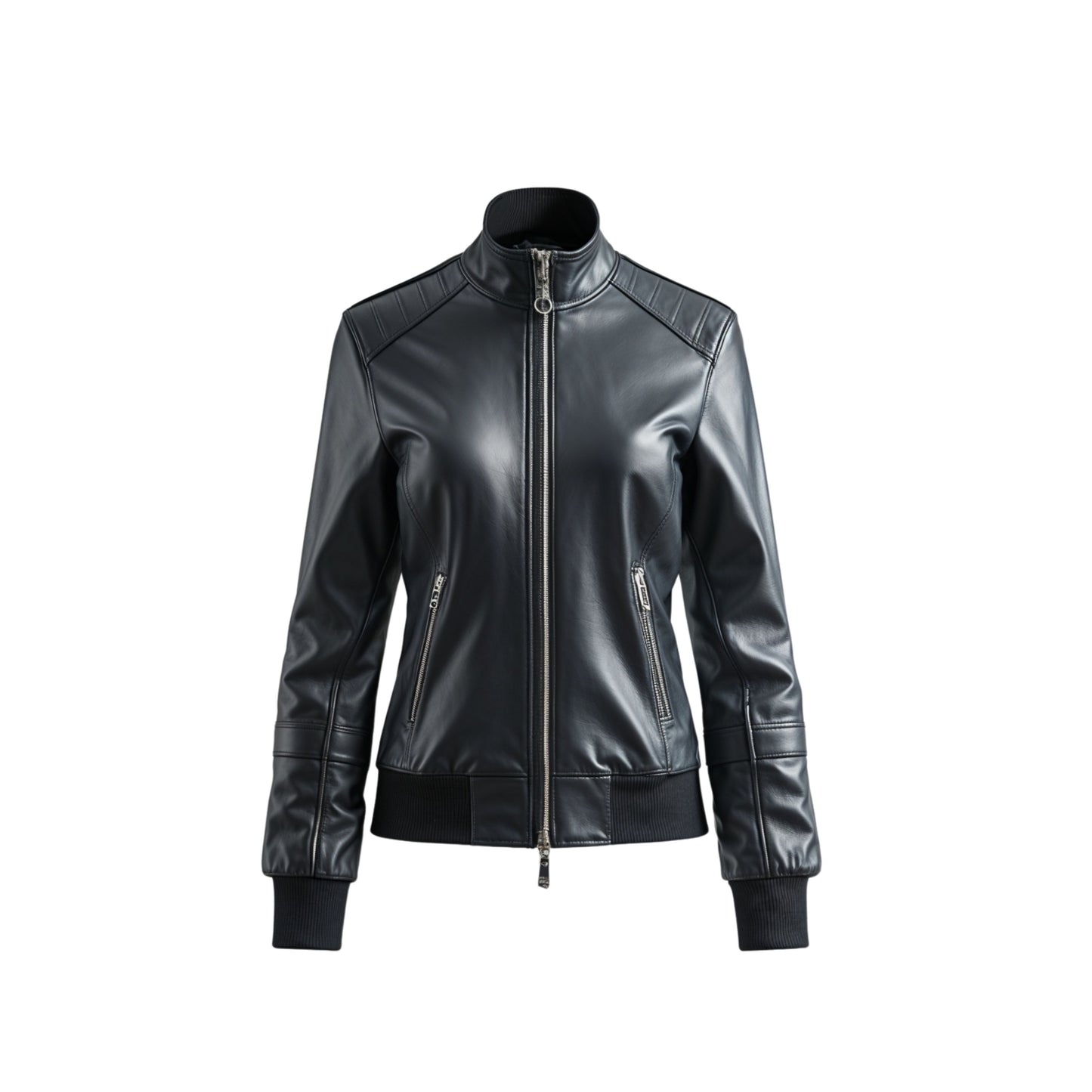 Women's Black Real Leather Bomber Jacket – Stand Collar, Ribbed Cuffs, Biker Style