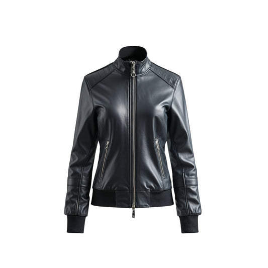 Women's Black Real Leather Bomber Jacket – Stand Collar, Ribbed Cuffs, Biker Style