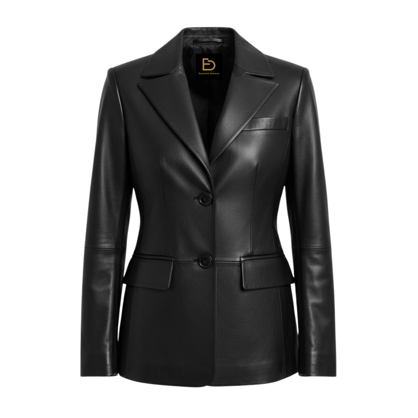 Women's Black Leather Blazer, Tailored Fit, Two-Button Notch Lapel