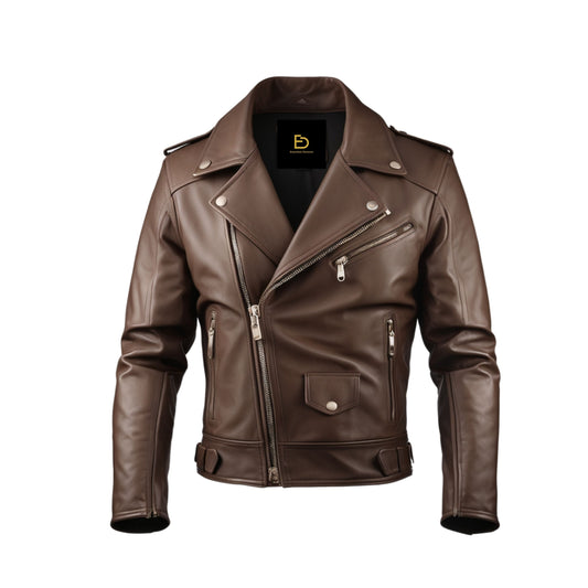 Classic Brown Biker Style Leather Jacket Men Modern Asymmetrical Zipper Multiple Secure Pockets Everyday