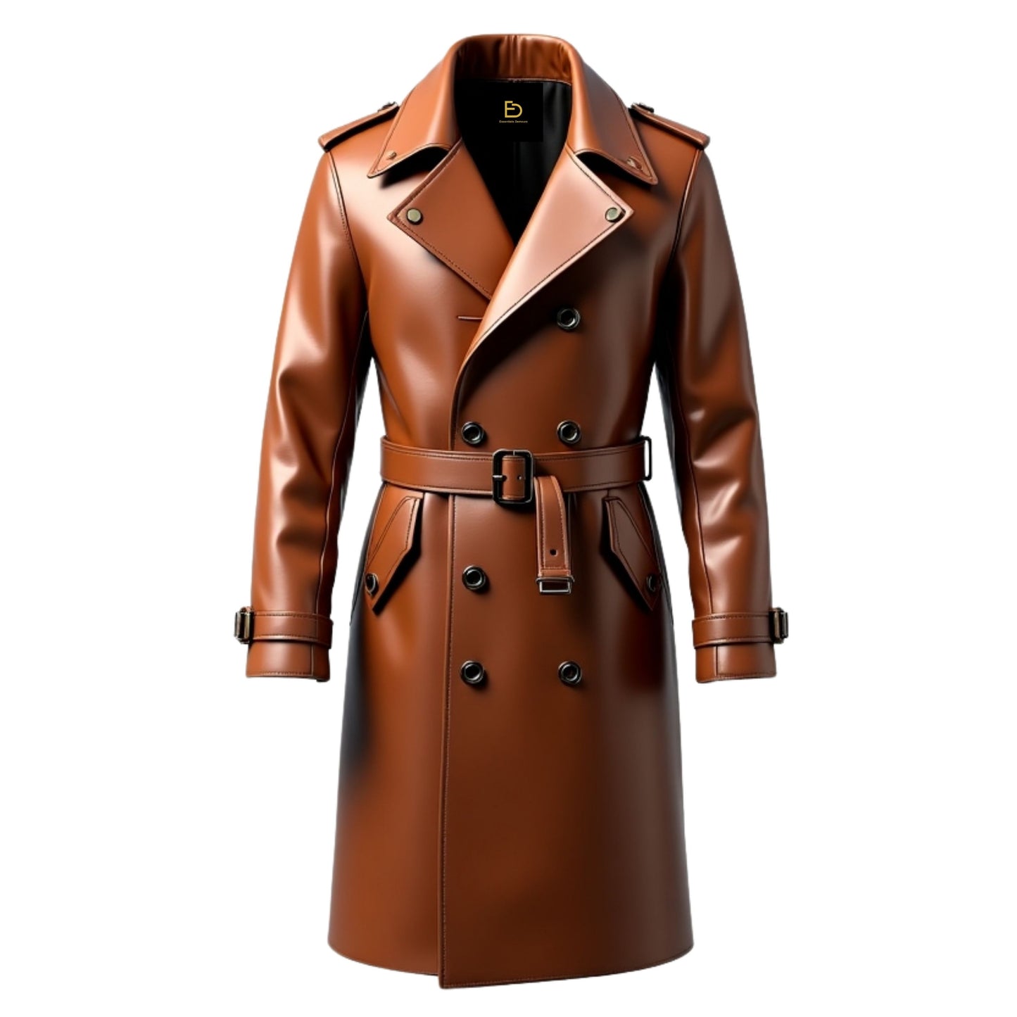 Men's Brown Leather Double Breasted Trench Coat with Belt and Epaulets