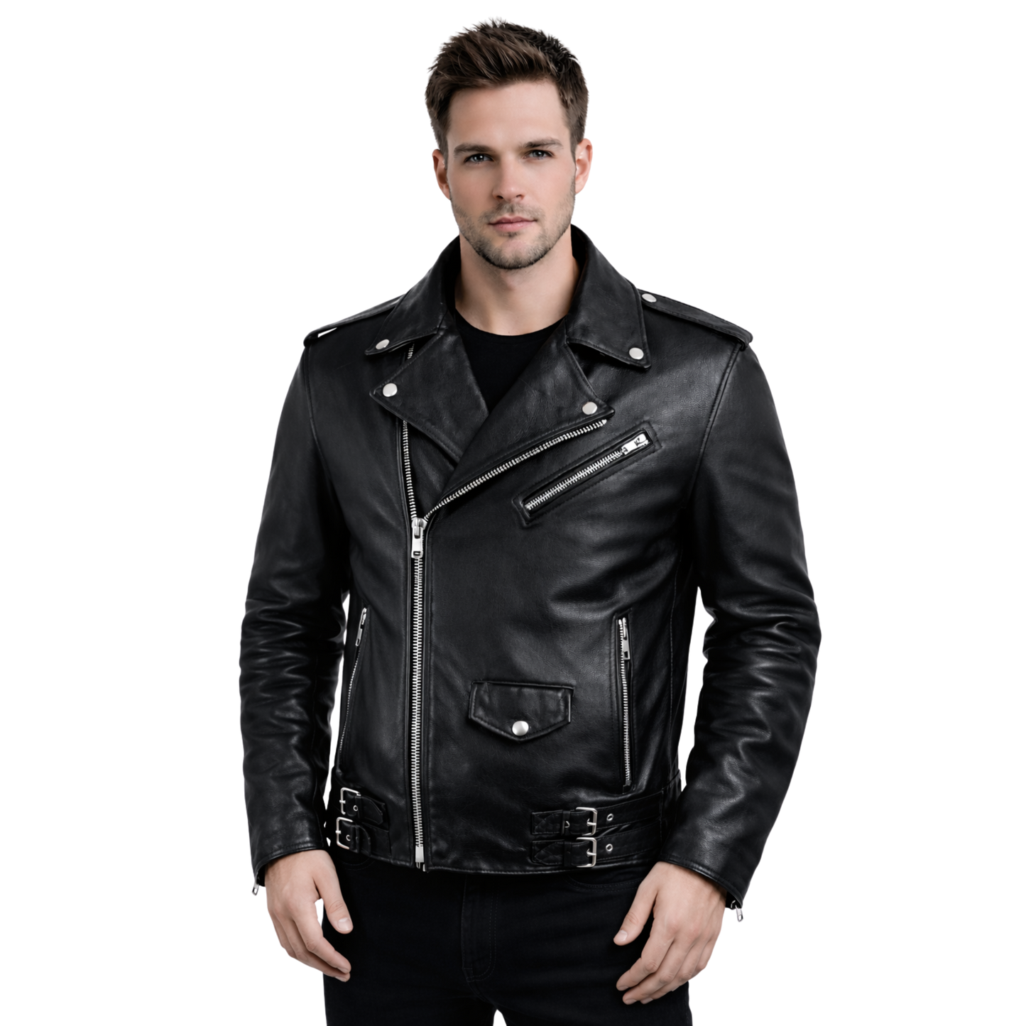 Mens Black Cowhide Leather Biker Jacket - Asymmetric Moto Style