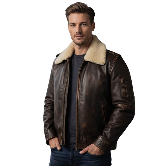 Men's Distressed Brown Leather Aviator Jacket with Shearling Collar – Vintage Winter Style