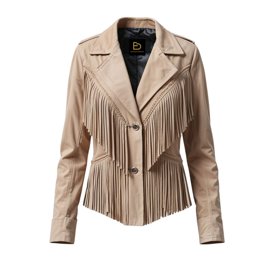 Womens Beige Leather Fringe Jacket – Western Cowgirl Biker Statement Coat