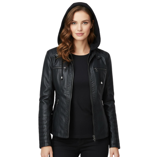Black Sheepskin Leather Moto Jacket: Women's Slim Fit, Detachable Hood