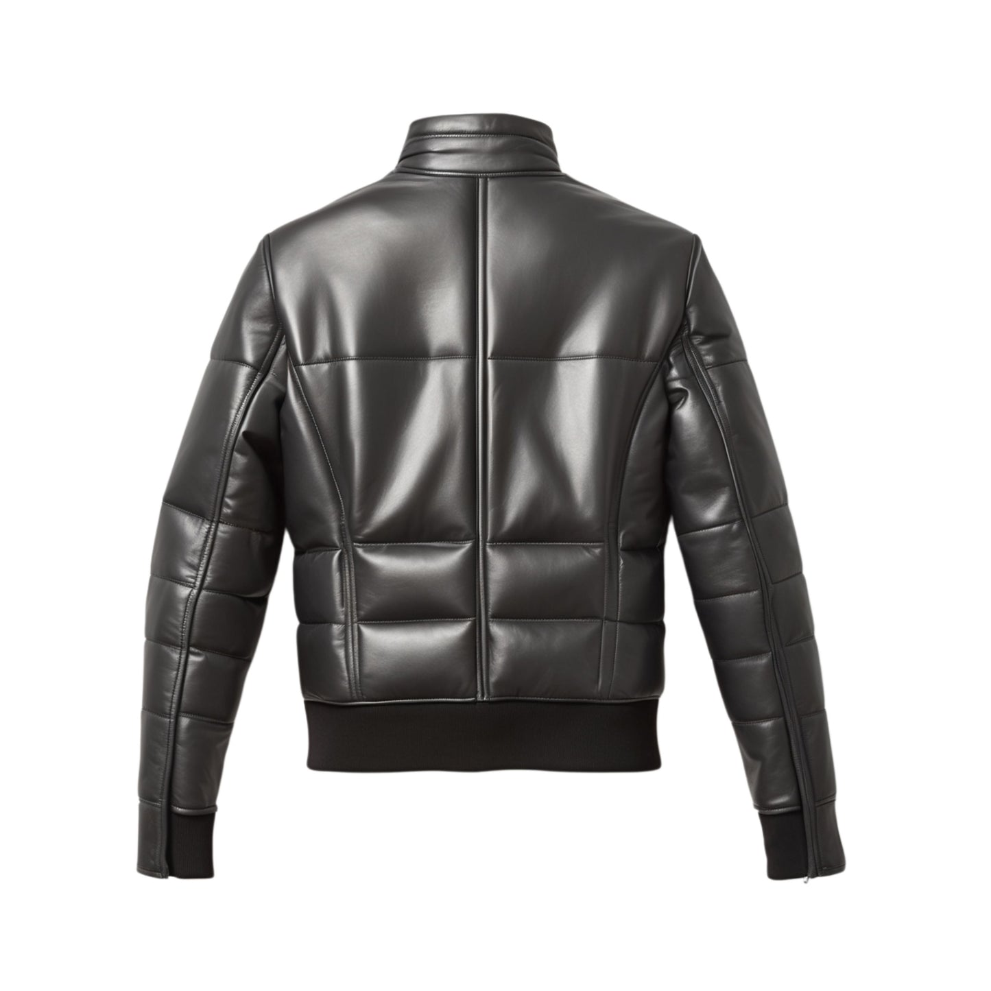 Men's Black Leather Puffer Jacket: Zip Front, Ribbed Cuffs, Winter Warmth
