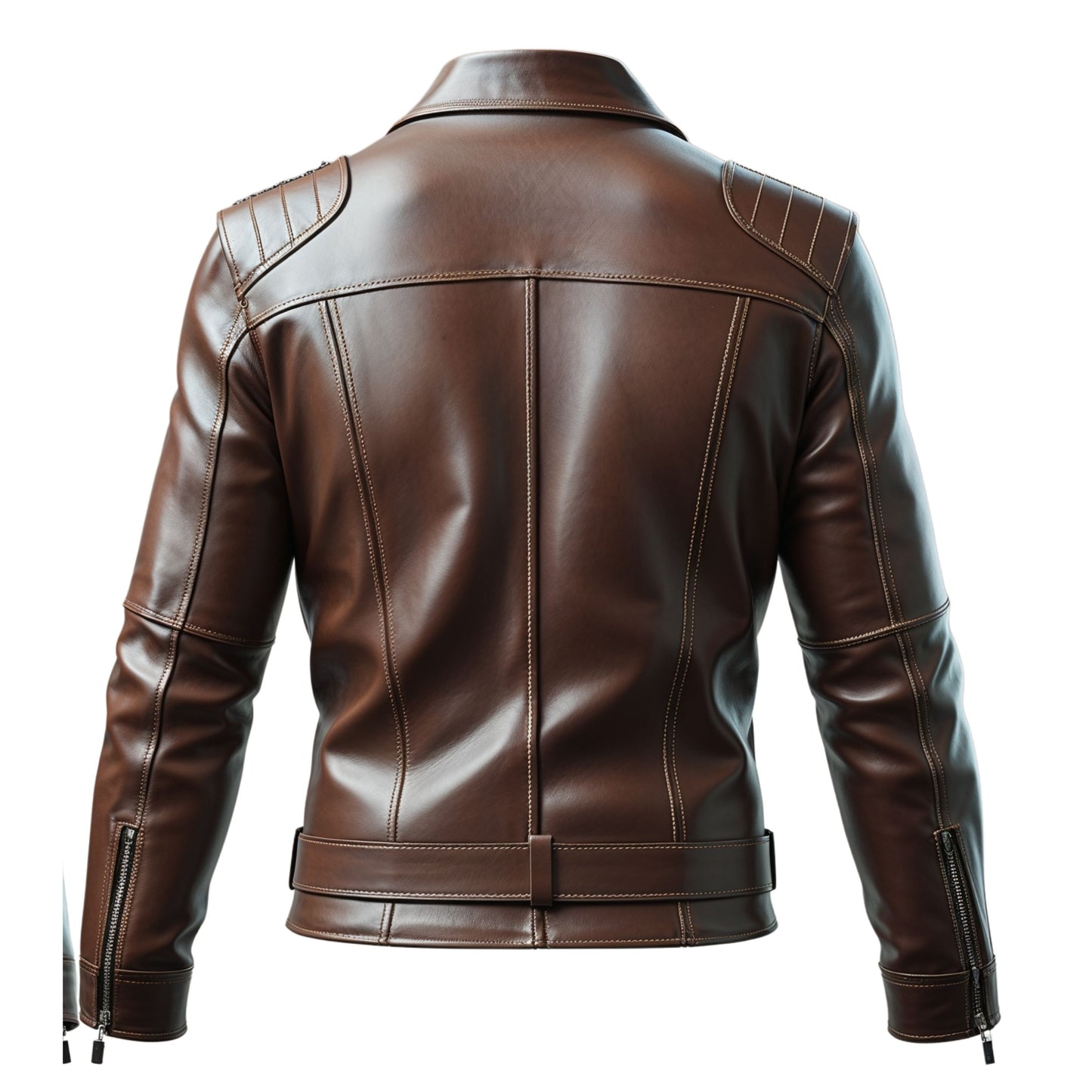 Men's Brown Real Leather Moto Jacket with Quilted Shoulders and Belt