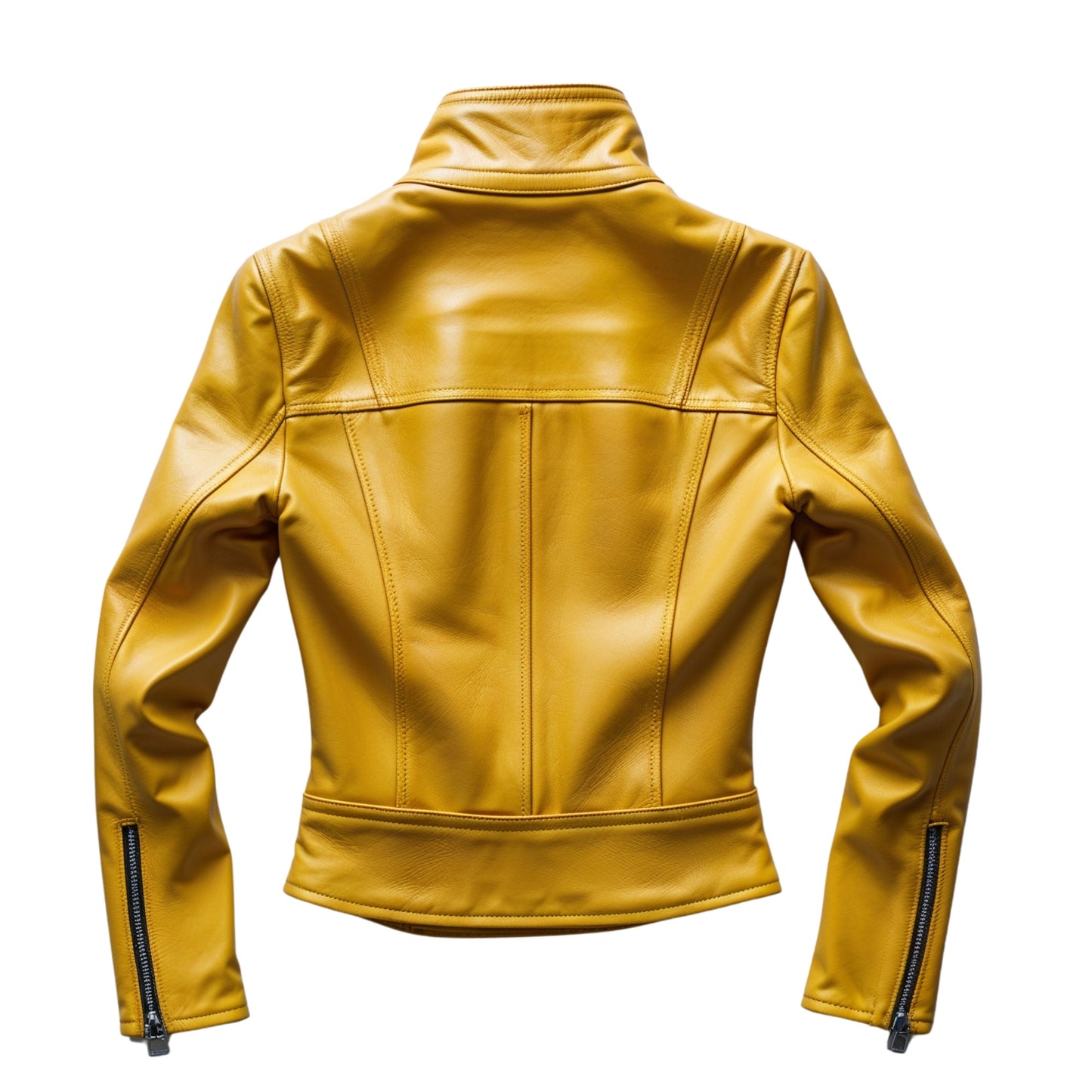 Yellow Leather Cropped Moto Jacket: Slim Fit Biker Style with Zip Pockets