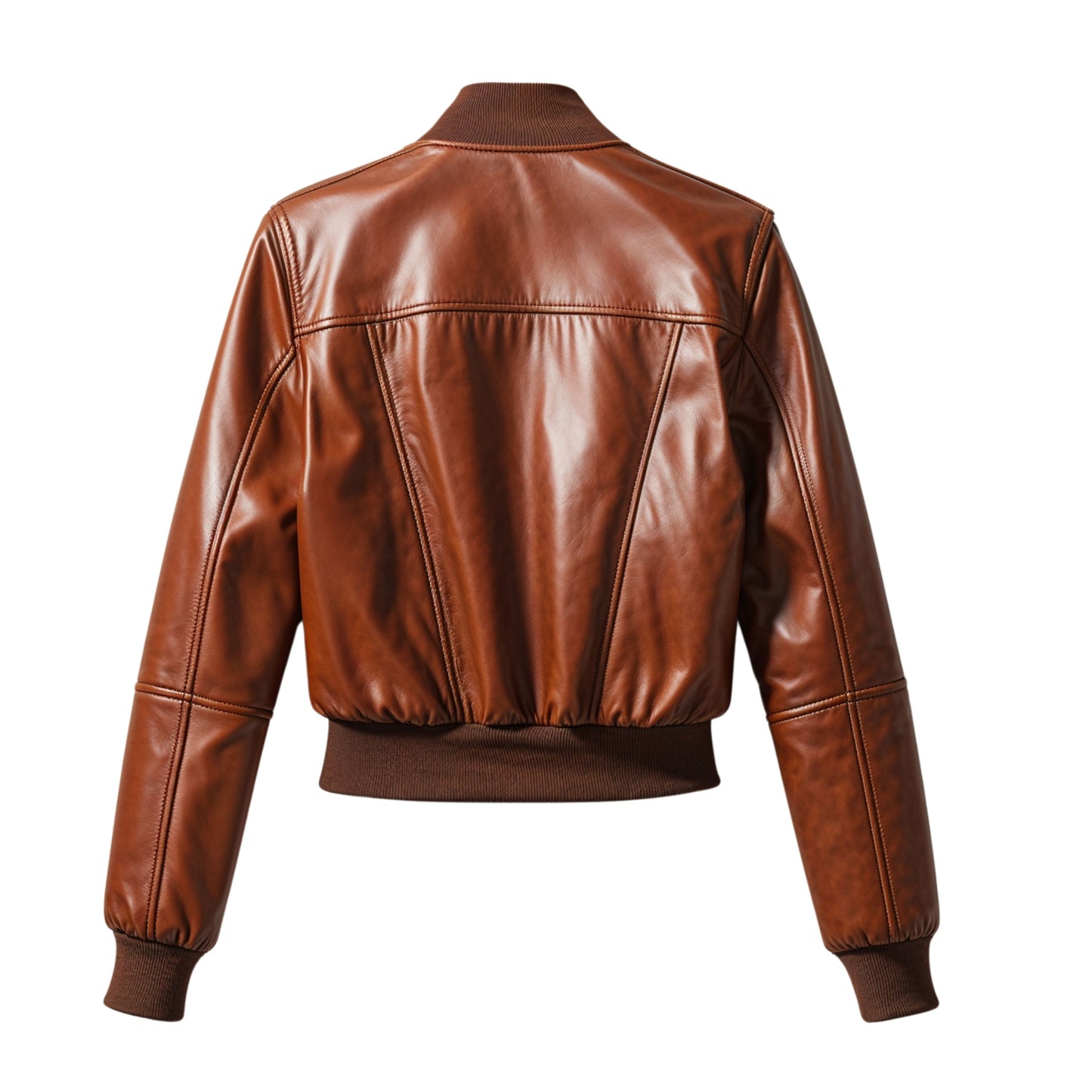 Brown Leather Cropped Bomber Jacket: Ribbed Collar, Zip Pockets, Flight Style