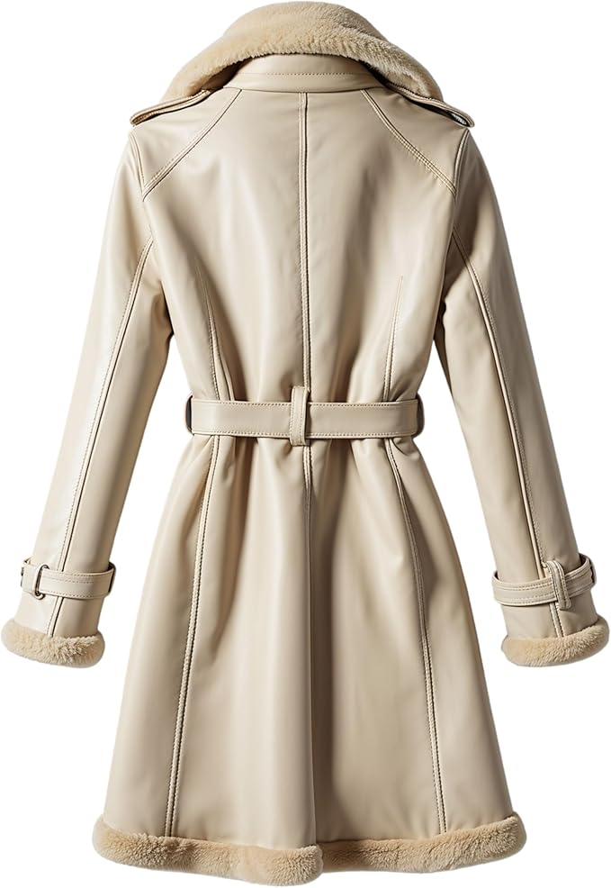 Women Real Leather Cream Shearling Trench Coat Belted Double Breasted Elegant Winter Wear Fashion Style