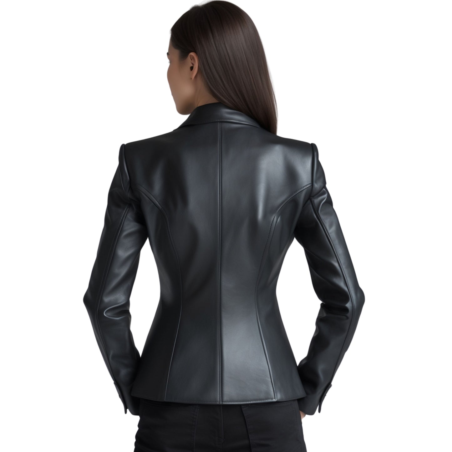 Womens Black Real Leather Double Breasted Blazer Jacket – Tailored Slim Fit Coat