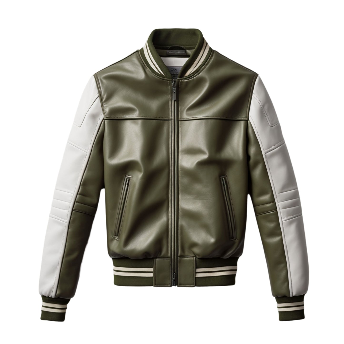 Men's Olive Green Real Leather Bomber Jacket White Sleeves Ribbed Cuffs Modern Casual Wear
