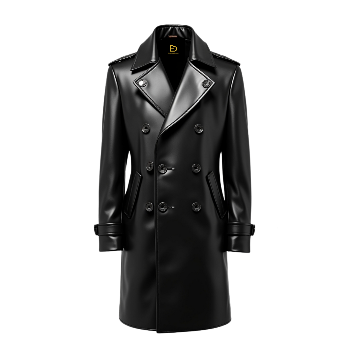 Black Real Leather Trench Coat: Belt-Free Double-Breasted Overcoat