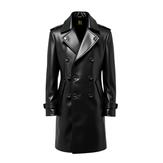 Black Real Leather Trench Coat: Belt-Free Double-Breasted Overcoat