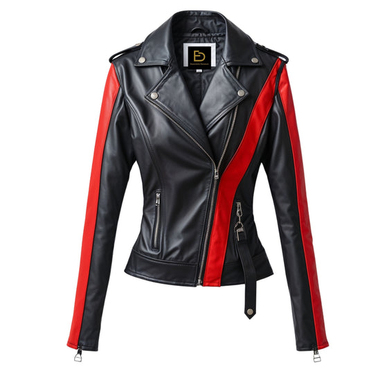 Black Real Leather Moto Jacket with Red Racing Stripes – Biker Fit Lapel Collar