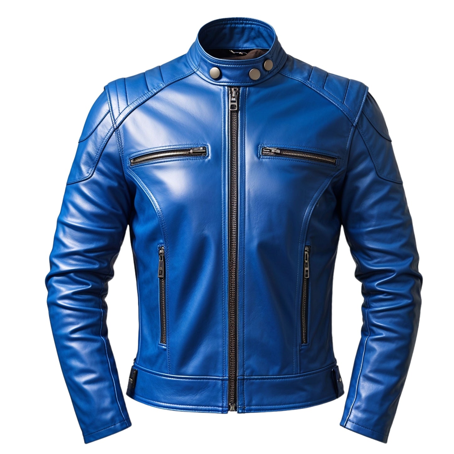 Men's Blue Leather Biker Jacket: Slim Fit Moto Style, Stand Collar, Zipper Pockets