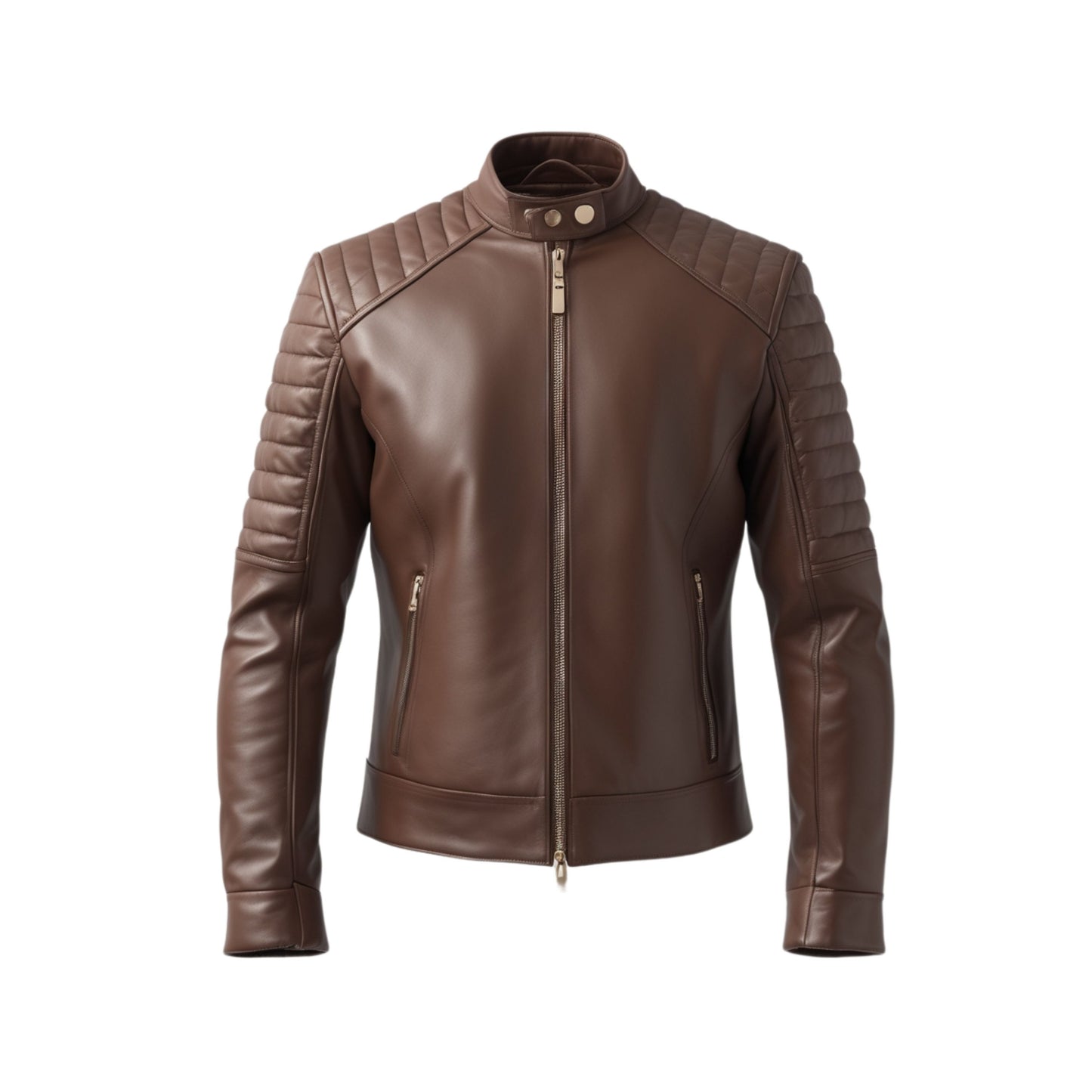 Mens Modern Brown Leather Biker Jacket Quilted Shoulder Stand Collar Stylish Motorcycle Casual Outfits