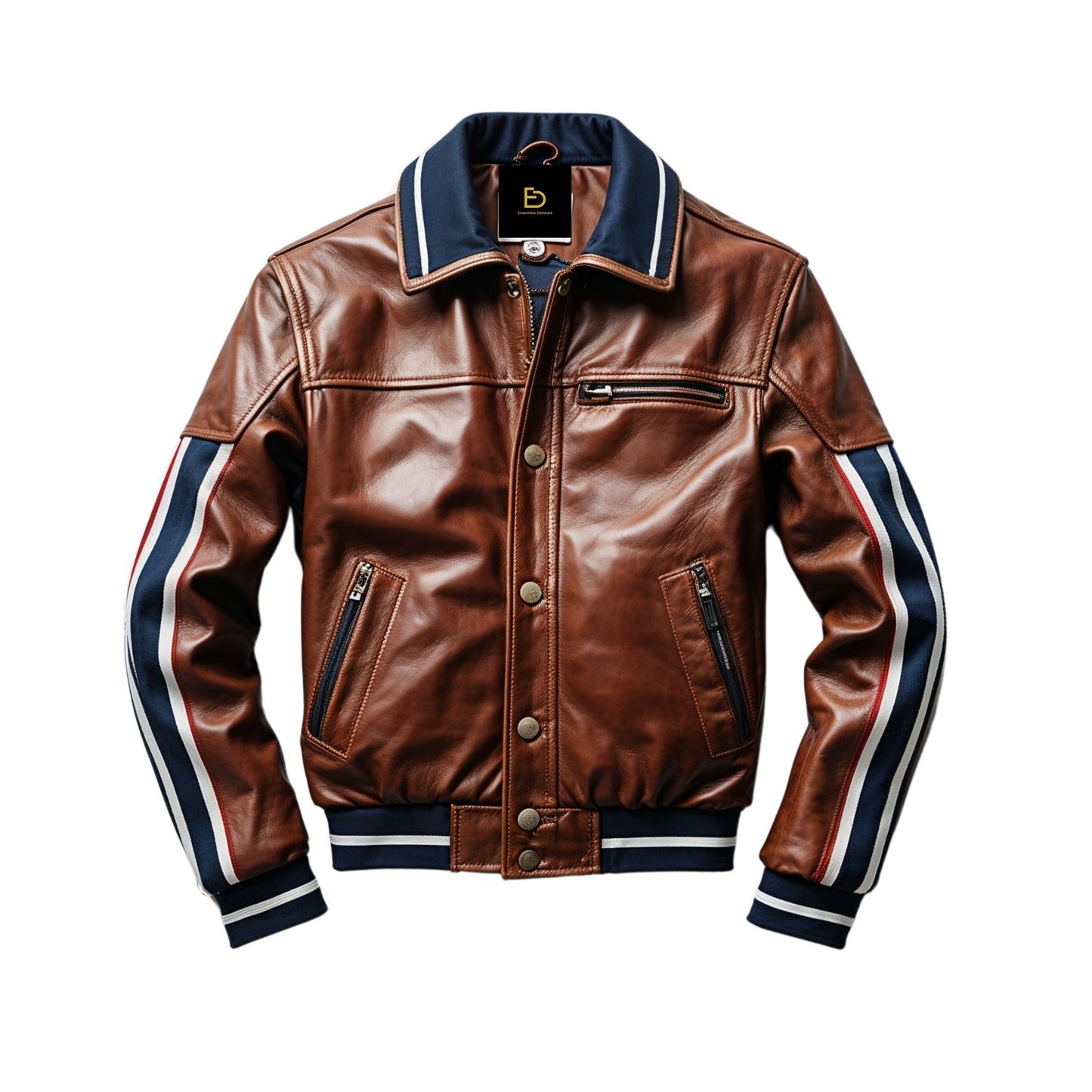 Men's Brown Leather Varsity Bomber Jacket with Striped Sleeves – Athletic Style