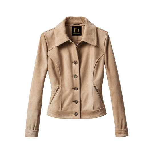 Womens Beige Real Leather Cropped Blazer Jacket – Tailored Biker Style Outerwear