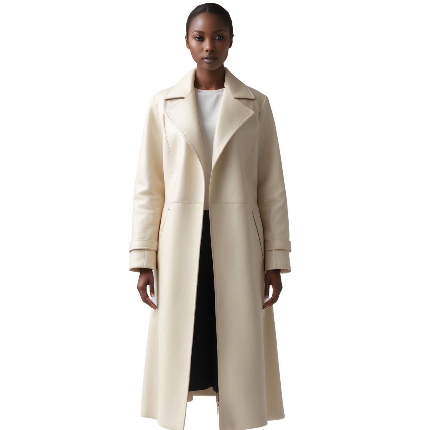 Womens Ivory Real Leather Trench Coat: Long Tailored Overcoat, Wide Lapel Style