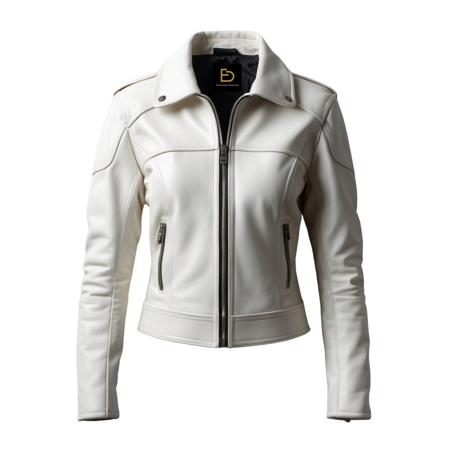 Women's White Real Leather Cropped Moto Jacket – Tailored Zip Front Shirt Collar Coat