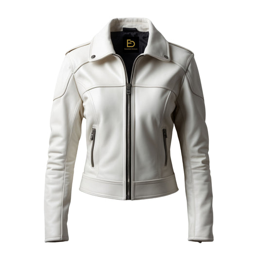 Women's White Real Leather Cropped Moto Jacket – Tailored Zip Front Shirt Collar Coat