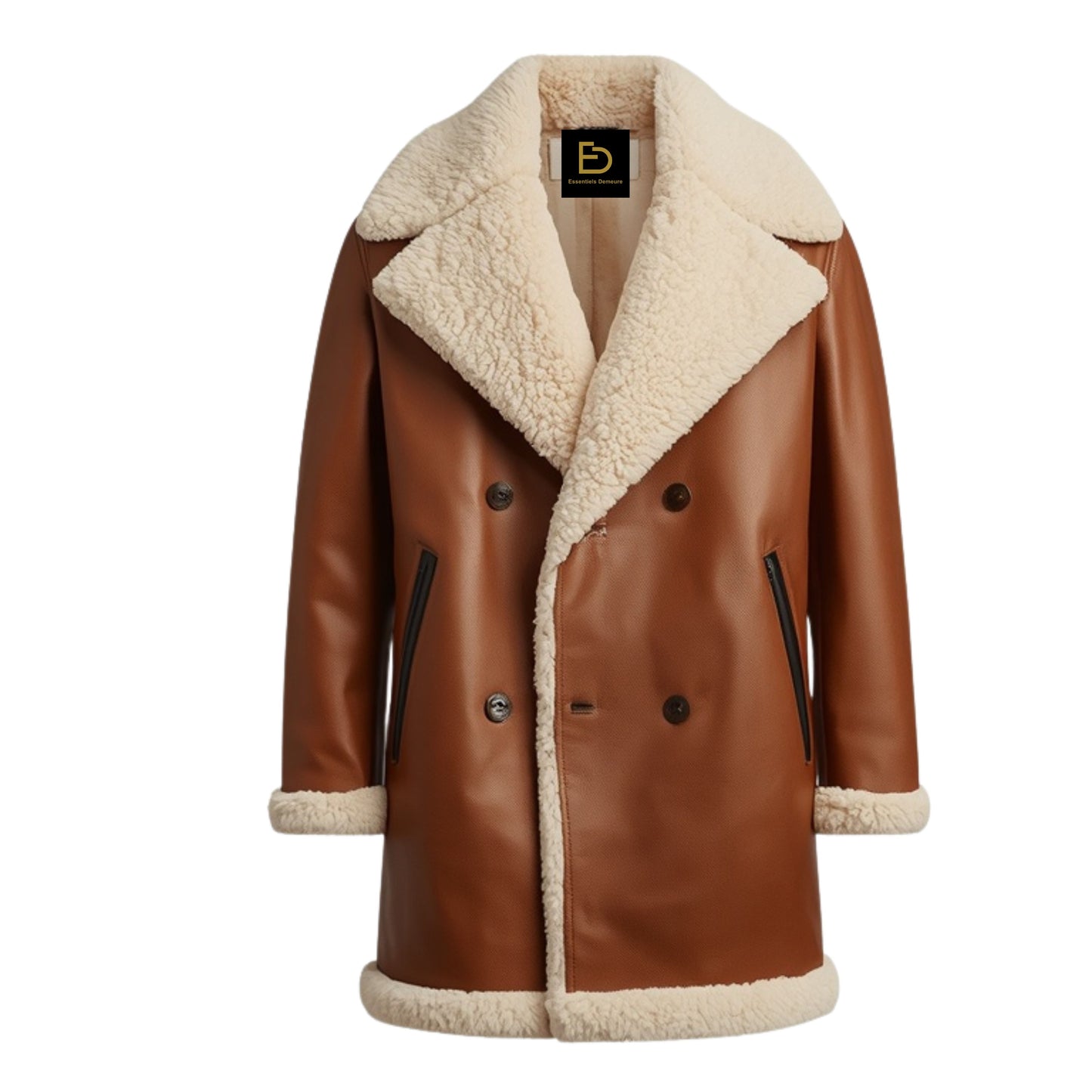 Men's Genuine Leather Shearling Lined Double Breasted Overcoat – Warm Winter Jacket