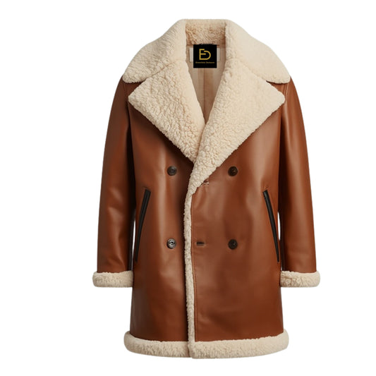 Men's Genuine Leather Shearling Lined Double Breasted Overcoat – Warm Winter Jacket