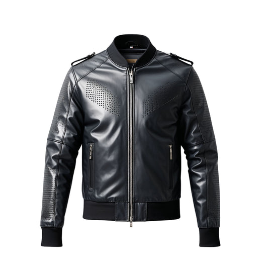 Men Black Real Leather Bomber Jacket Modern Perforated Zip Pockets Stylish Breathable Streetwear Fashion